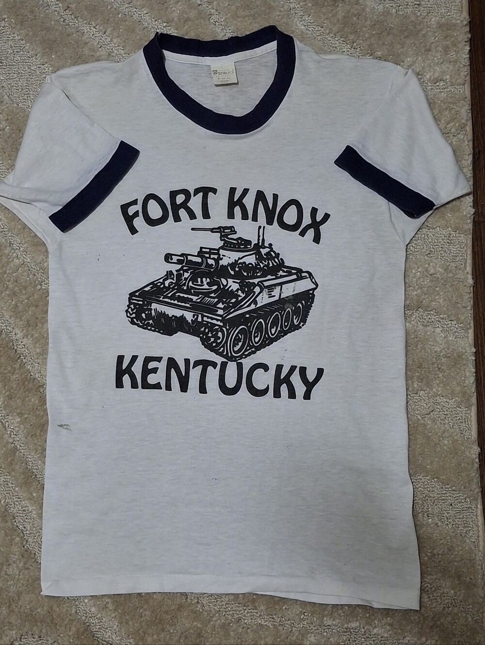 VTG 70s Fort Knox Army Armor Tank Ringer Shirt Mayo Spruce Single Stitch